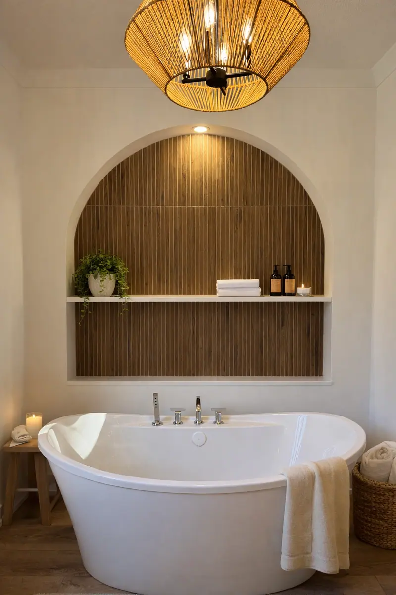 Freestanding tub under an arched ceramic tile slat niche with shelf and rattan chandelier