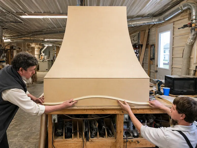 Two craftsmen assembling a custom range hood in the Arbor workshop