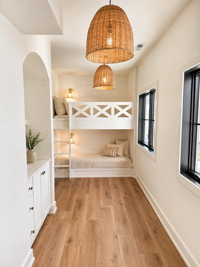 Custom white built-in bunks with X-brace railings and woven rattan pendants