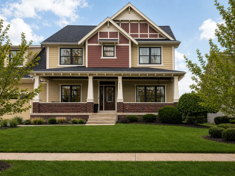 Two-story craftsman home with tan siding and red board-and-batten gable