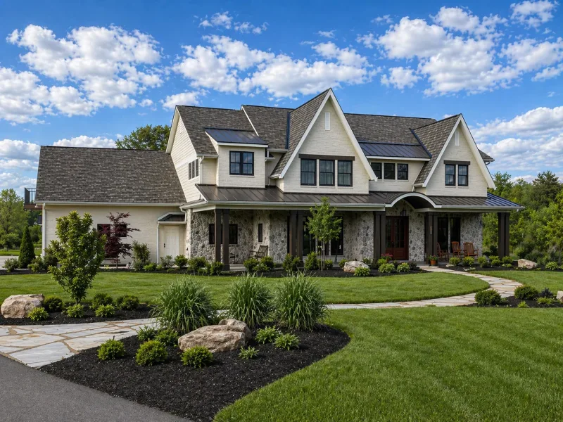 Stone and stucco custom home with layered gables and metal-seam roofs