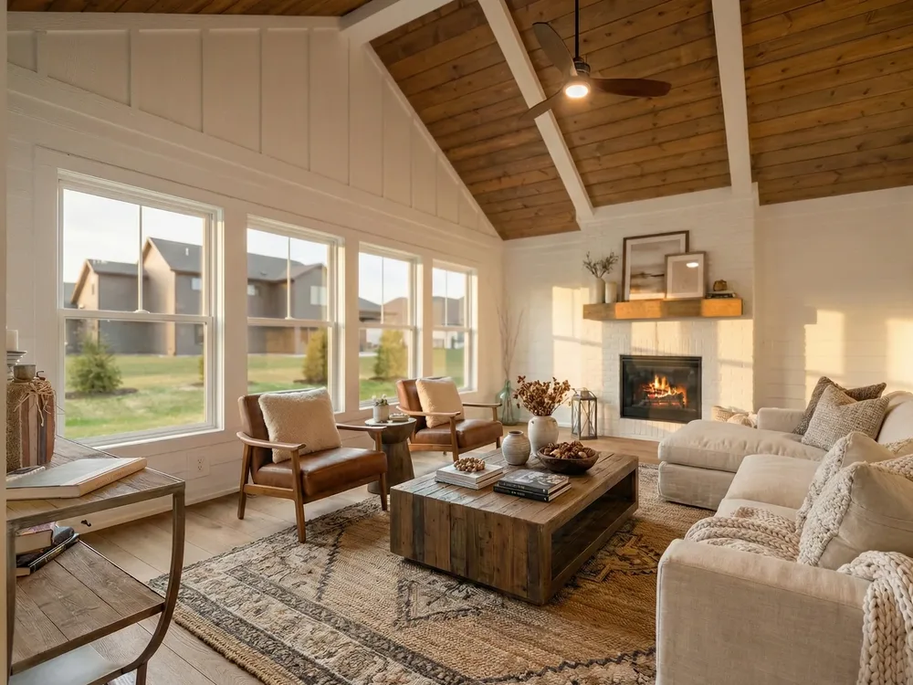 Living room with warm wood ceiling planks set between painted beams